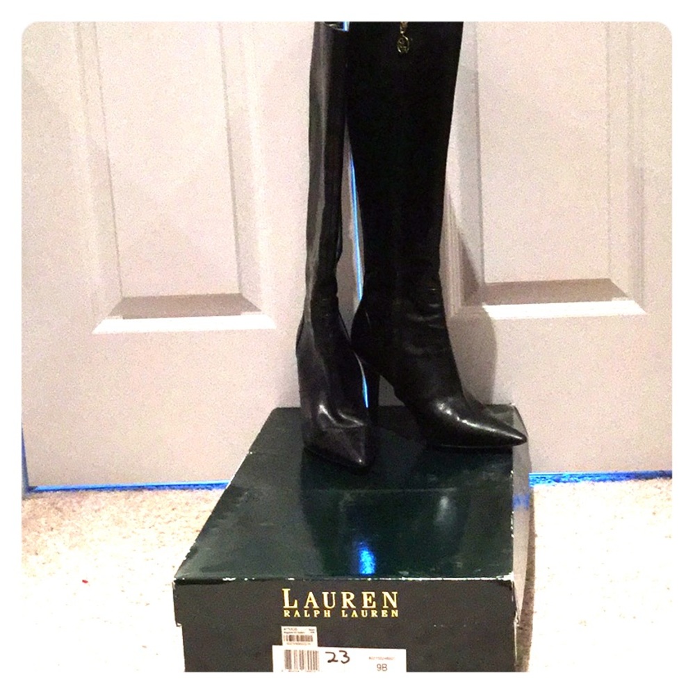 Simple, classic black leather high heeled boots